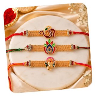 Traditional Designer Rakhi Set with Ganesha and Floral Motifs (Pack of 3)