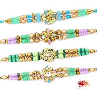 Artisanal Designer Rakhi Set, Multi-Color Beaded Thread (Pack of 4)