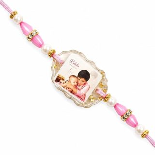 Customized Photo Resin Rakhi with Pink Beads (Single Unit)